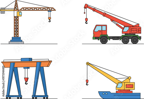 Industrial construction crane set featuring tower crane, mobile truck crane, gantry crane, and floating barge crane vector illustrations.