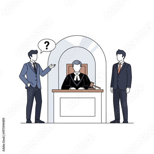 Confused Lawyer Questions Judge in Courtroom with Gavel and Opposing Counsel