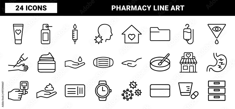 Naklejka premium Medical and pharmacy minimalist outline icon set
