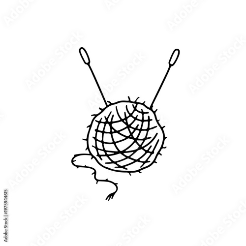Hand drawn black and white doodle knitting yarn clew icon. Line art monochrome woolen skein drawing
