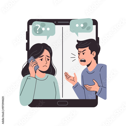 Couple arguing on video call, woman looking sad on phone, man angry shouting online