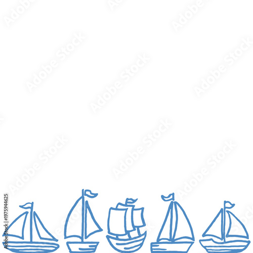 Nautical frame with hand drawn ships forming bottom decorative border.