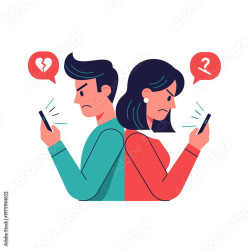 Couple Arguing Over Smartphones, Broken Heart & Question Mark Icons