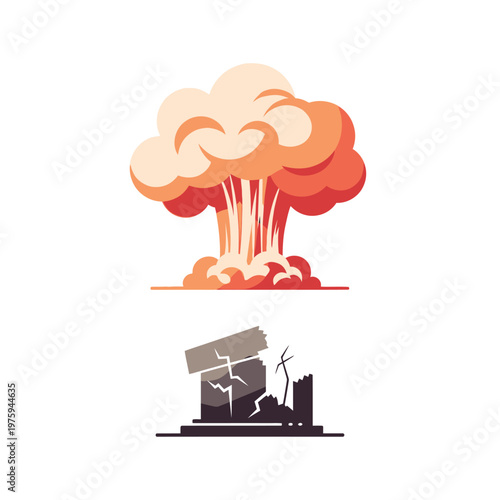Explosion Mushroom Cloud and Destroyed Building Icon