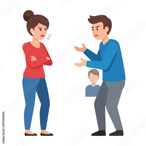Couple arguing, family conflict, parent dispute, child in background, emotional stress, relationship problems