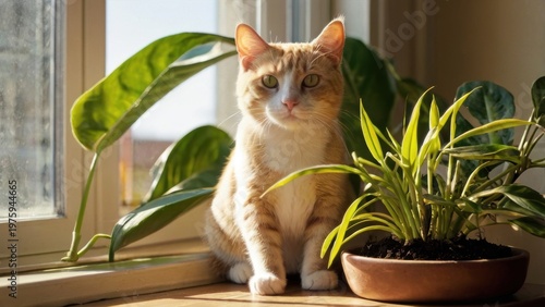 Cat's Serene Solitude: A serene cat basks in the sun, gracefully positioned amongst vibrant green plants near a sunlit window, exuding peace and contentment.
