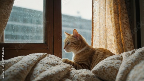 Cozy Cat by Window: A serene moment captured as a ginger cat lounges contentedly on a soft cushion by a window, bathed in the soft glow of natural light. 