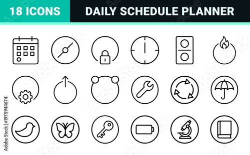 Minimalist time management and clock outline icon set for scheduling