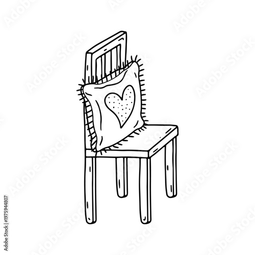 Hand drawn black and white doodle wooden chair with pillow. Line art boho stool drawing