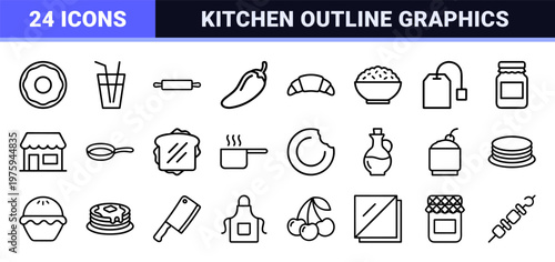 Minimalist food and kitchen outline icons set in grid layout