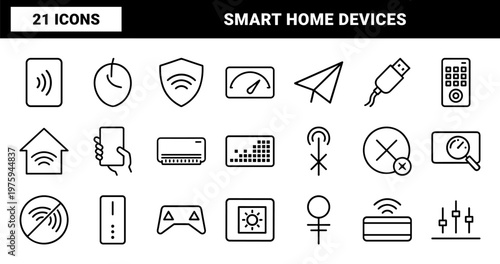 Wireless communication and smart home technology outline icon set