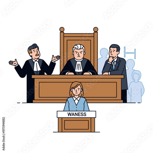 Courtroom scene: Judge, lawyers, and witness in legal trial illustration