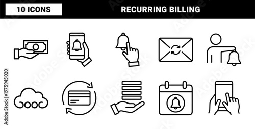 Recurring payment and subscription alert minimalist line icon set