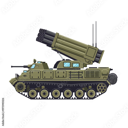 Military Rocket Launcher Vehicle with Turret and Tracks - Isolated on White