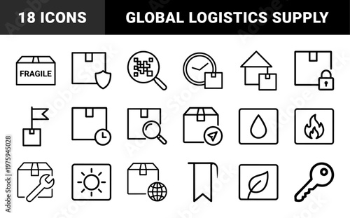 Delivery and logistics minimalist outline icons for shipping and global transport service.
