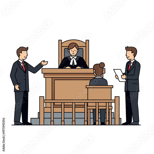 Courtroom scene with judge, lawyers, and defendant in a legal trial