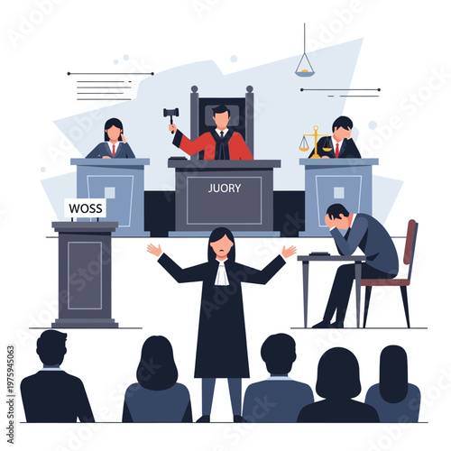 Courtroom scene with judge, jury, lawyers, defendant, and audience
