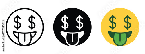 Money face emoji set, flat vector illustrations of emojis with dollar eyes and grinning expressions, perfect for finance, business, and money-themed graphics.