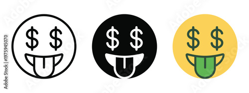 Money face emoji set with dollar signs in eyes and grin variations, vector illustration representing wealth, prosperity, and financial success for social media, messaging, and digital design projects.
