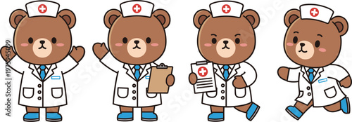 Cute Teddy Bear Nurse Character Set Wearing Medical Uniform Holding Clipboard and Documents for Kids Healthcare Cartoon Mascot Illustration Design.