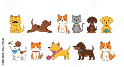 A colorful vector illustration of various cartoon pets, including dogs and cats, in a playful and vibrant style.