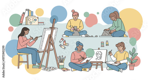 People painting in art studio with colorful balls in playful creative lighting for education