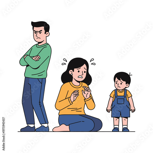 Family Conflict: Angry Father, Scared Mother and Child, Domestic Dispute Illustration