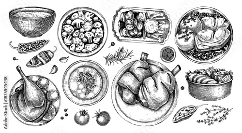 Roast meat dishes hand-drawn food illustrations collection in vinatge engraved style