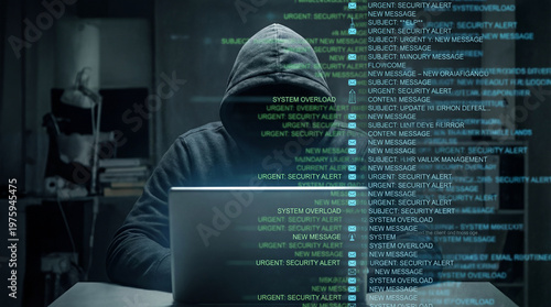 Hooded figure using laptop displaying data streams cybersecurity concept