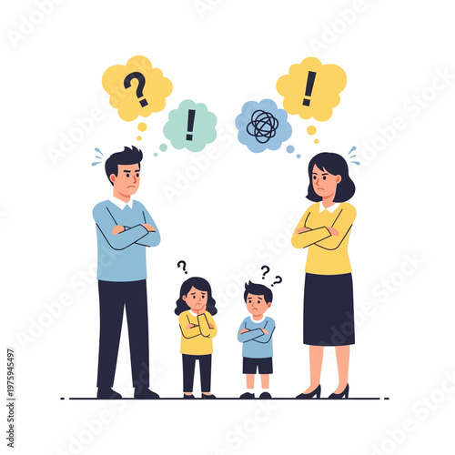 Family conflict: Parents and children arguing with question and exclamation marks in speech bubbles