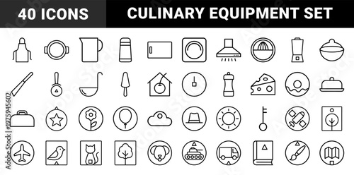 Minimalist kitchen tools and culinary equipment outline icon set.