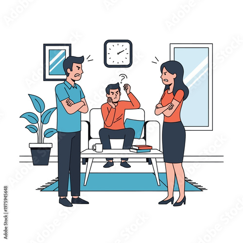 Family Conflict: Parents Arguing Over Confused Teenager Sitting on Sofa