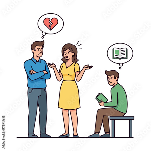 Family conflict, broken heart, child reading, parental stress, emotional distance