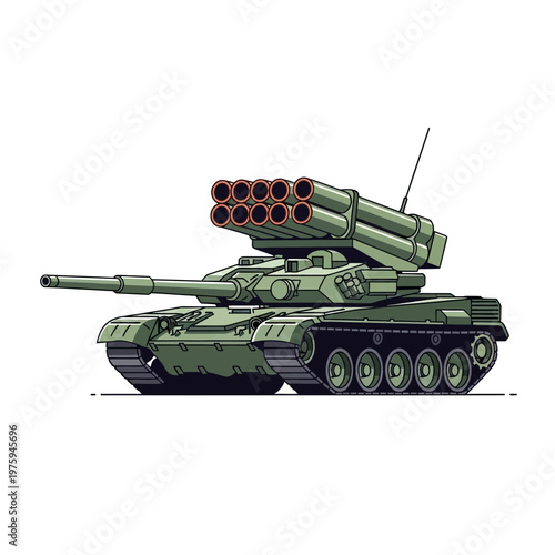 Pixel Art Modern Tank with Rocket Launcher, Military Vehicle Illustration
