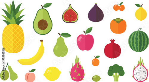Tropical Fruit Vector Illustration Set Featuring Pineapple, Avocado, Fig, Pomegranate, Banana, Watermelon and Fresh Organic Food Collection Design.