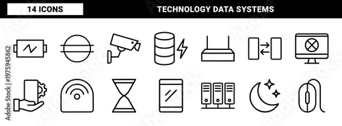 Minimalist digital technology and network connectivity line icon set.