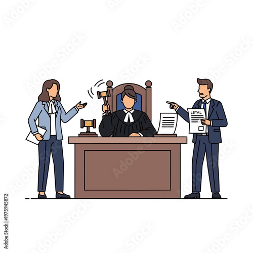 Judge with Gavel Overseeing Legal Dispute Between Lawyers in Courtroom
