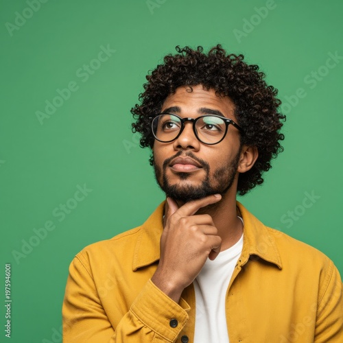 Portrait of a Thoughtful Young Man with Curly Hair and Glasses, Wearing a Yellow Jacket, Against a Solid Green Background