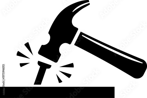 Hammer Hitting Nail Icon DIY Construction Tool Impact Wood Work Concept