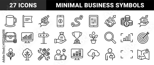 Black line business development and growth icon collection, minimal symbols on grid.
