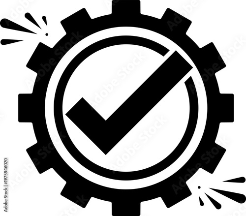 Quality Control Gear Icon with Check Mark Approval System Verification Symbol