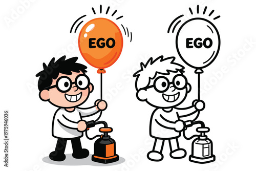 Child pumping up a balloon with the word 'ego' printed on it, representing inflated self-importance.