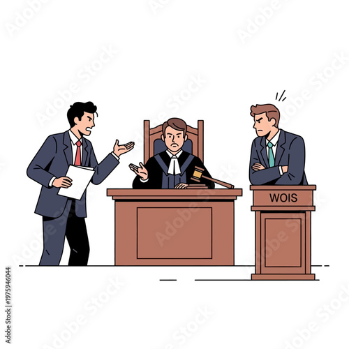 Lawyer arguing with judge and opponent in courtroom, legal dispute illustration