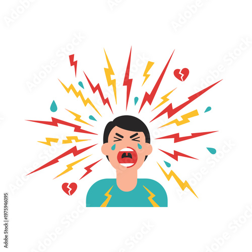Man screaming in emotional distress, surrounded by lightning bolts and broken hearts