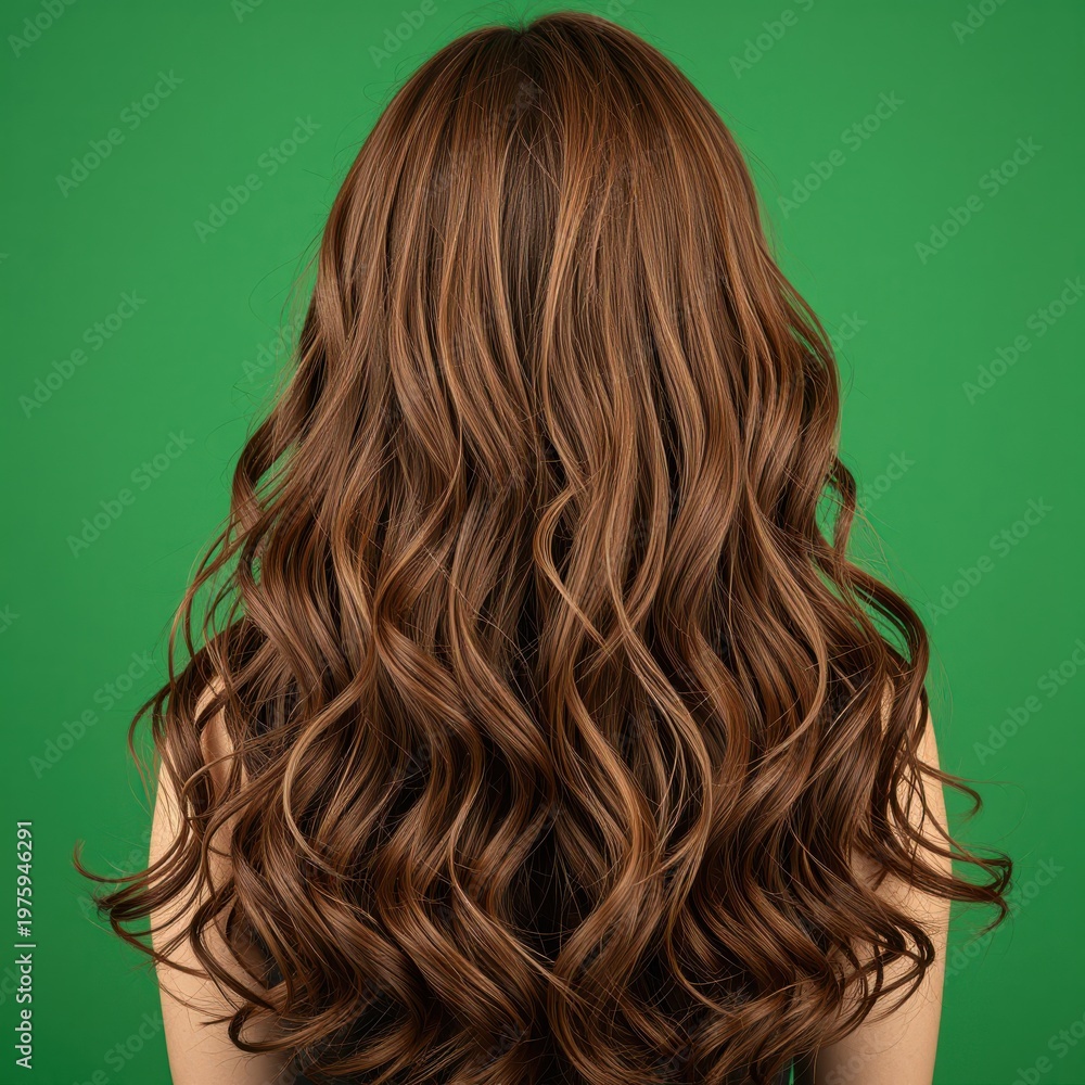 Fototapeta premium Rear View of a Woman with Long Wavy Brown Hair Against a Solid Green Background, Showcasing Healthy, Shiny Curls for Beauty and Hair Care Concepts.