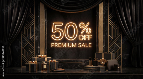Sale banner 50 percent off neon sign luxury background dark stage