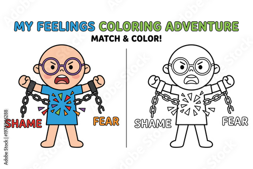 Child's feelings coloring adventure shame and fear illustrated with chains and colorful shapes.