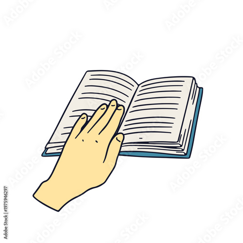 Hand drawn line art opened book with hand icon vector illustration