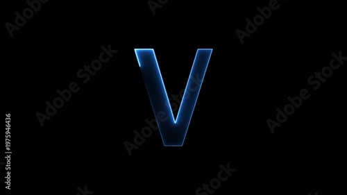 Glowing neon letter 'V' symbol, a shiny light font illustration on a black background English alphabet education type word writing letter text effect smooth footage sign symbol with black background
