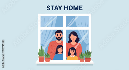 Illustration of a family of four staying home and looking out the window with plants on the sill.